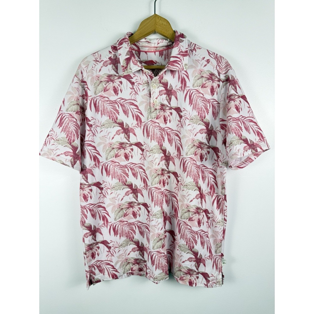Tommy Bahama Men's Pink Floral Short Sleeve Button Polo Hawaiian Supima Cotton